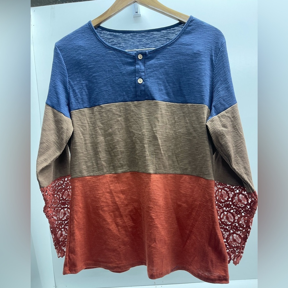 Elegant Color Block Long Sleeve Blouse with lace‎ sleeve detail boho cottagecore